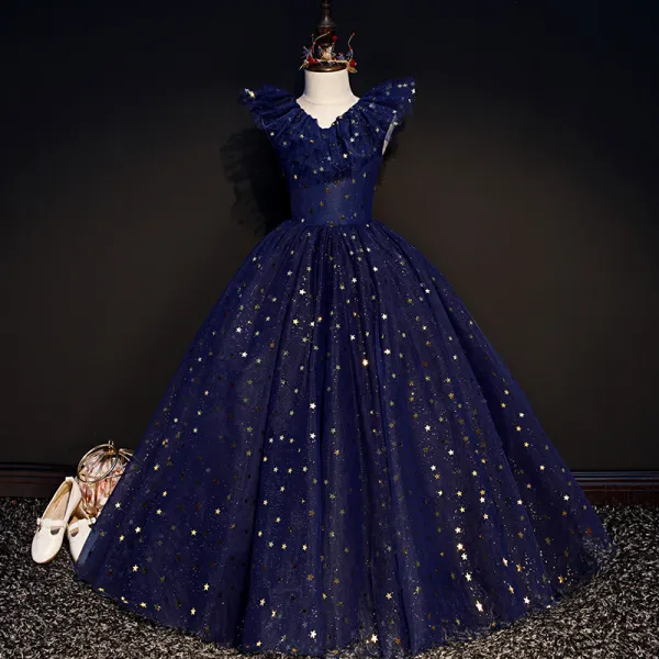 Starry Sky Navy Blue Birthday Flower Girl Dresses 2020 Ball Gown V-Neck Sleeveless Star Sequins Glitter Tulle Floor-Length / Long Ruffle