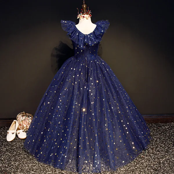 Starry Sky Navy Blue Birthday Flower Girl Dresses 2020 Ball Gown V-Neck Sleeveless Star Sequins Glitter Tulle Floor-Length / Long Ruffle