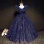 Starry Sky Navy Blue Birthday Flower Girl Dresses 2020 Ball Gown V-Neck Sleeveless Star Sequins Glitter Tulle Floor-Length / Long Ruffle