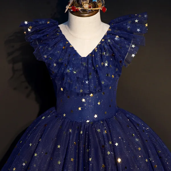 Starry Sky Navy Blue Birthday Flower Girl Dresses 2020 Ball Gown V-Neck Sleeveless Star Sequins Glitter Tulle Floor-Length / Long Ruffle