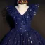 Starry Sky Navy Blue Birthday Flower Girl Dresses 2020 Ball Gown V-Neck Sleeveless Star Sequins Glitter Tulle Floor-Length / Long Ruffle