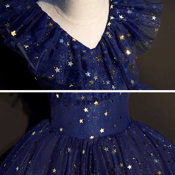 Starry Sky Navy Blue Birthday Flower Girl Dresses 2020 Ball Gown V-Neck Sleeveless Star Sequins Glitter Tulle Floor-Length / Long Ruffle