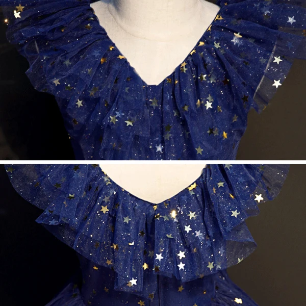 Starry Sky Navy Blue Birthday Flower Girl Dresses 2020 Ball Gown V-Neck Sleeveless Star Sequins Glitter Tulle Floor-Length / Long Ruffle