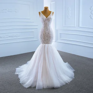High End Hvit Bryllups Brudekjoler 2020 Trompet Havfrue V Hals Uten Ermer Ryggløse Appliques Blonder Beading Domstol Tog Buste