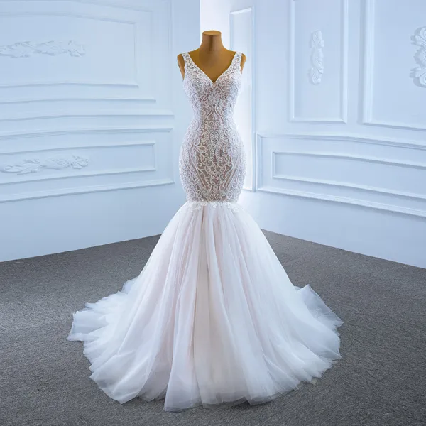 High-end White Bridal Wedding Dresses 2020 Trumpet / Mermaid V-Neck Sleeveless Backless Appliques Lace Beading Court Train Ruffle