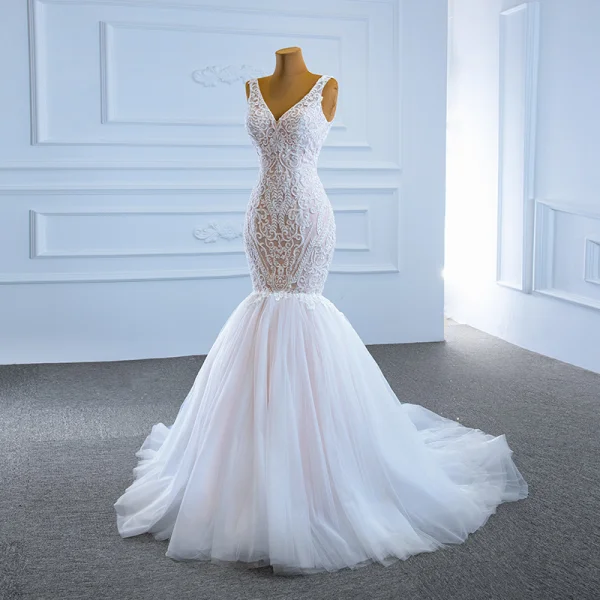 High-end White Bridal Wedding Dresses 2020 Trumpet / Mermaid V-Neck Sleeveless Backless Appliques Lace Beading Court Train Ruffle