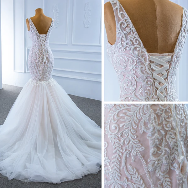 High-end White Bridal Wedding Dresses 2020 Trumpet / Mermaid V-Neck Sleeveless Backless Appliques Lace Beading Court Train Ruffle