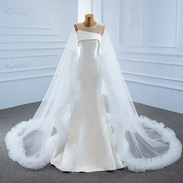 High End Weiß Satin Hochzeits Brautkleider / Hochzeitskleider 2020 Meerjungfrau Durchsichtige Rundhalsausschnitt Ärmellos Rückenfreies Watteau-falte