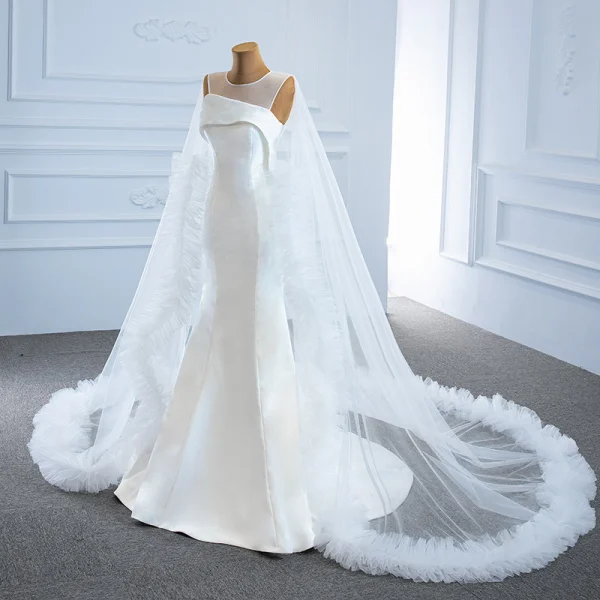 High End Weiß Satin Hochzeits Brautkleider / Hochzeitskleider 2020 Meerjungfrau Durchsichtige Rundhalsausschnitt Ärmellos Rückenfreies Watteau-falte