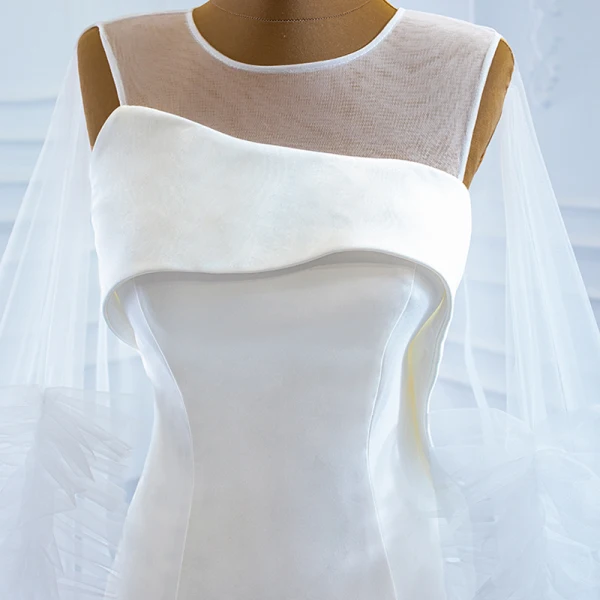 High End Weiß Satin Hochzeits Brautkleider / Hochzeitskleider 2020 Meerjungfrau Durchsichtige Rundhalsausschnitt Ärmellos Rückenfreies Watteau-falte