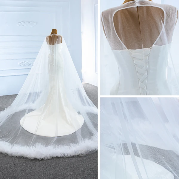 High End Weiß Satin Hochzeits Brautkleider / Hochzeitskleider 2020 Meerjungfrau Durchsichtige Rundhalsausschnitt Ärmellos Rückenfreies Watteau-falte