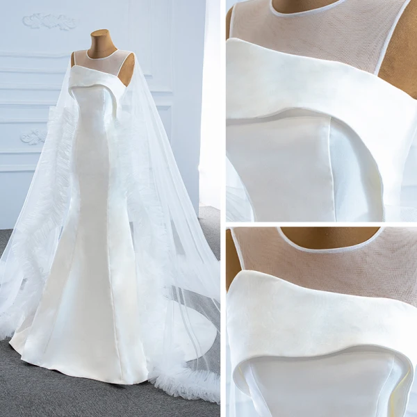 High End Weiß Satin Hochzeits Brautkleider / Hochzeitskleider 2020 Meerjungfrau Durchsichtige Rundhalsausschnitt Ärmellos Rückenfreies Watteau-falte