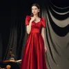 Vintage / Retro Red Satin Dancing Prom Dresses 2020 A-Line / Princess Square Neckline Puffy Short Sleeve Bow Floor-Length / Long Backless Formal Dresses
