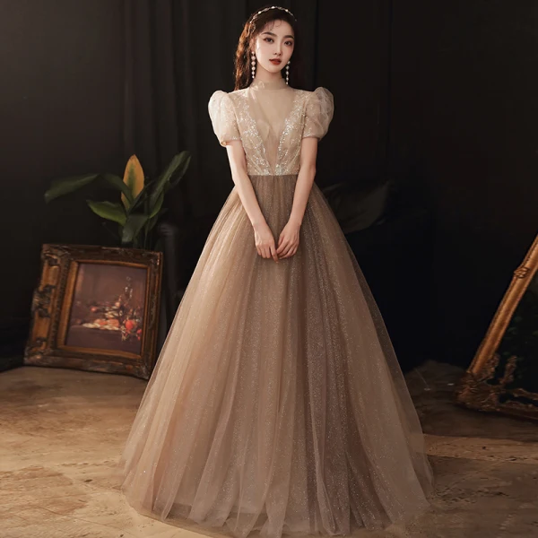 Vintage / Retro Brown See-through Dancing Prom Dresses 2020 A-Line / Princess High Neck Puffy Short Sleeve Sequins Beading Glitter Tulle Floor-Length / Long Ruffle