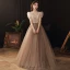 Vintage / Retro Brown See-through Dancing Prom Dresses 2020 A-Line / Princess High Neck Puffy Short Sleeve Sequins Beading Glitter Tulle Floor-Length / Long Ruffle