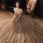 Vintage / Retro Brown See-through Dancing Prom Dresses 2020 A-Line / Princess High Neck Puffy Short Sleeve Sequins Beading Glitter Tulle Floor-Length / Long Ruffle