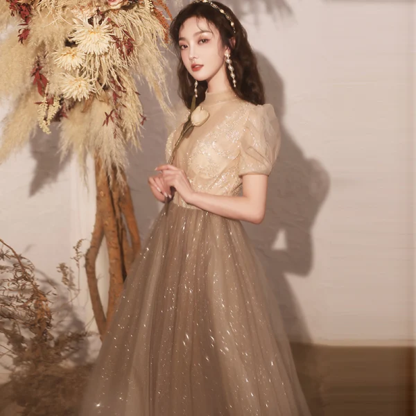 Vintage / Retro Brown See-through Dancing Prom Dresses 2020 A-Line / Princess High Neck Puffy Short Sleeve Sequins Beading Glitter Tulle Floor-Length / Long Ruffle