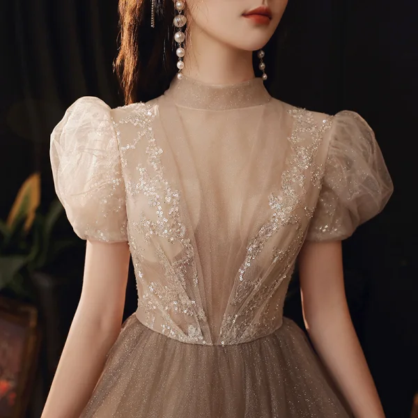 Vintage / Retro Brown See-through Dancing Prom Dresses 2020 A-Line / Princess High Neck Puffy Short Sleeve Sequins Beading Glitter Tulle Floor-Length / Long Ruffle