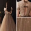 Vintage / Retro Brown See-through Dancing Prom Dresses 2020 A-Line / Princess High Neck Puffy Short Sleeve Sequins Beading Glitter Tulle Floor-Length / Long Ruffle