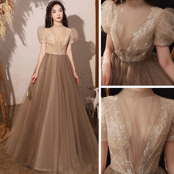 Vintage / Retro Brown See-through Dancing Prom Dresses 2020 A-Line / Princess High Neck Puffy Short Sleeve Sequins Beading Glitter Tulle Floor-Length / Long Ruffle