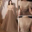 Vintage / Retro Brown See-through Dancing Prom Dresses 2020 A-Line / Princess High Neck Puffy Short Sleeve Sequins Beading Glitter Tulle Floor-Length / Long Ruffle