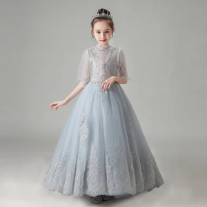Vintage Retro Grey See Through Birthday Flower Girl Dresses 2020 A Line Princess High Neck Puffy 1 2 Sleeves Appliques Lace Beading Court Train Ruffle
