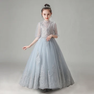 Vintage Retro Grey See Through Birthday Flower Girl Dresses 2020 A Line Princess High Neck Puffy 1 2 Sleeves Appliques Lace Beading Court Train Ruffle