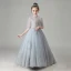 Vintage / Retro Grey See-through Birthday Flower Girl Dresses 2020 A-Line / Princess High Neck Puffy 1/2 Sleeves Appliques Lace Beading Court Train Ruffle