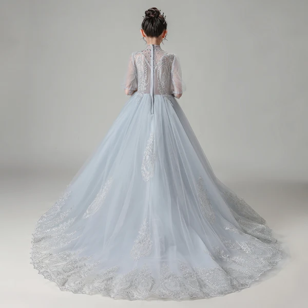 Vintage / Retro Grey See-through Birthday Flower Girl Dresses 2020 A-Line / Princess High Neck Puffy 1/2 Sleeves Appliques Lace Beading Court Train Ruffle