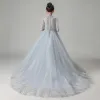 Vintage / Retro Grey See-through Birthday Flower Girl Dresses 2020 A-Line / Princess High Neck Puffy 1/2 Sleeves Appliques Lace Beading Court Train Ruffle