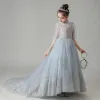 Vintage / Retro Grey See-through Birthday Flower Girl Dresses 2020 A-Line / Princess High Neck Puffy 1/2 Sleeves Appliques Lace Beading Court Train Ruffle