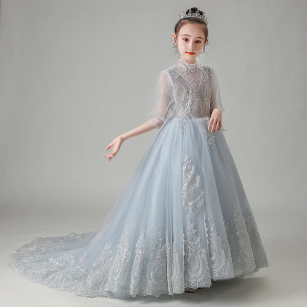 Vintage / Retro Grey See-through Birthday Flower Girl Dresses 2020 A-Line / Princess High Neck Puffy 1/2 Sleeves Appliques Lace Beading Court Train Ruffle