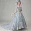 Vintage / Retro Grey See-through Birthday Flower Girl Dresses 2020 A-Line / Princess High Neck Puffy 1/2 Sleeves Appliques Lace Beading Court Train Ruffle