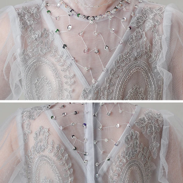 Vintage / Retro Grey See-through Birthday Flower Girl Dresses 2020 A-Line / Princess High Neck Puffy 1/2 Sleeves Appliques Lace Beading Court Train Ruffle