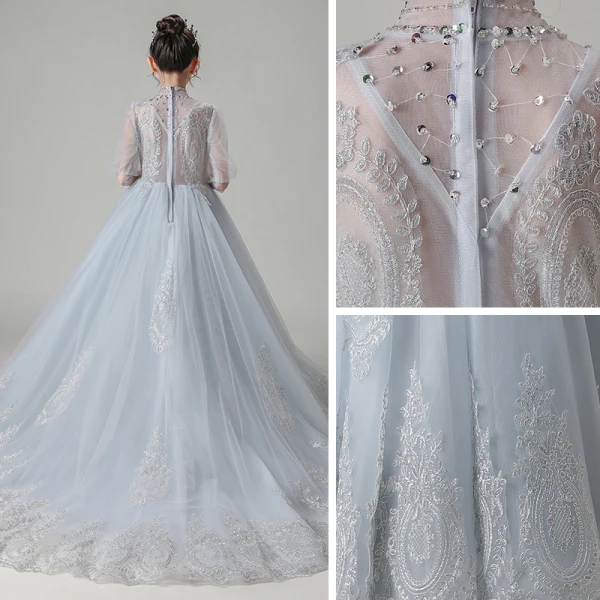 Vintage / Retro Grey See-through Birthday Flower Girl Dresses 2020 A-Line / Princess High Neck Puffy 1/2 Sleeves Appliques Lace Beading Court Train Ruffle