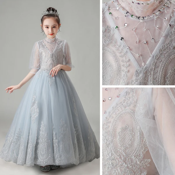 Vintage / Retro Grey See-through Birthday Flower Girl Dresses 2020 A-Line / Princess High Neck Puffy 1/2 Sleeves Appliques Lace Beading Court Train Ruffle