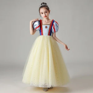 Snow White Yellow Birthday Flower Girl Dresses 2020 Ball Gown Square Neckline Puffy Short Sleeve Sequins Tulle Floor Length Long Ruffle