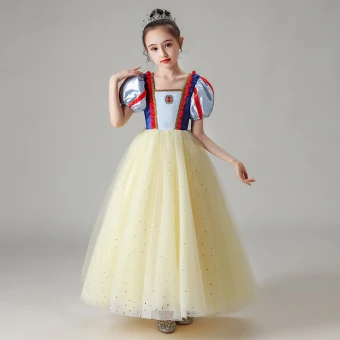 Blanche Neige Jaune Anniversaire Robe Ceremonie Fille 2020 Robe Boule Encolure Carrée Gonflée Manches Courtes Paillettes Tulle Longue Volants