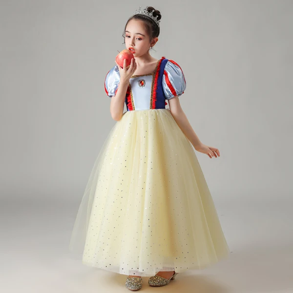 Snow white Yellow Birthday Flower Girl Dresses 2020 Ball Gown Square Neckline Puffy Short Sleeve Sequins Tulle Floor-Length / Long Ruffle