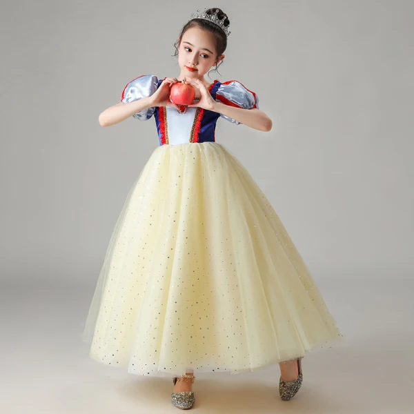 Snow white Yellow Birthday Flower Girl Dresses 2020 Ball Gown Square Neckline Puffy Short Sleeve Sequins Tulle Floor-Length / Long Ruffle