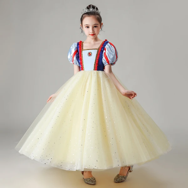 Snow white Yellow Birthday Flower Girl Dresses 2020 Ball Gown Square Neckline Puffy Short Sleeve Sequins Tulle Floor-Length / Long Ruffle