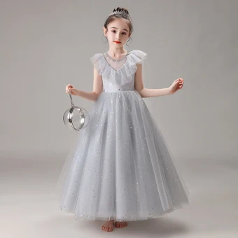 Chic Belle Gris Anniversaire Robe Ceremonie Fille 2020 Robe Boule Transparentes Encolure Dégagée Sans Manches Perlage Paillettes Longue Volants
