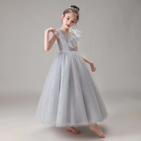 Chic / Beautiful Grey Birthday Flower Girl Dresses 2020 Ball Gown See-through Scoop Neck Sleeveless Beading Sequins Floor-Length / Long Ruffle