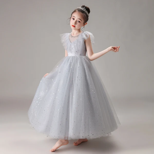 Chic / Beautiful Grey Birthday Flower Girl Dresses 2020 Ball Gown See-through Scoop Neck Sleeveless Beading Sequins Floor-Length / Long Ruffle