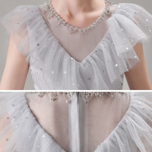 Chic / Beautiful Grey Birthday Flower Girl Dresses 2020 Ball Gown See-through Scoop Neck Sleeveless Beading Sequins Floor-Length / Long Ruffle