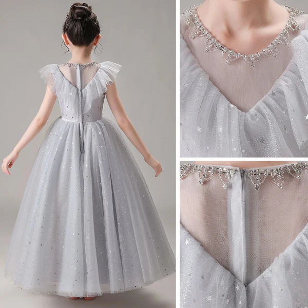 Chic / Beautiful Grey Birthday Flower Girl Dresses 2020 Ball Gown See-through Scoop Neck Sleeveless Beading Sequins Floor-Length / Long Ruffle