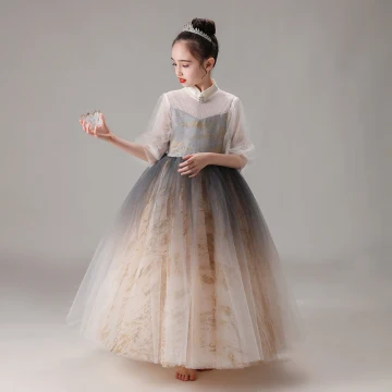 Vintage Originale Champagne Dégradé De Couleur Anniversaire Robe Ceremonie Fille 2020 Robe Boule Col Haut Gonflée 1 2 Manches Glitter Tulle Longue Volants