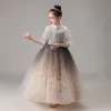 Vintage / Retro Champagne Gradient-Color Birthday Flower Girl Dresses 2020 Ball Gown High Neck Puffy 1/2 Sleeves Glitter Tulle Floor-Length / Long Ruffle