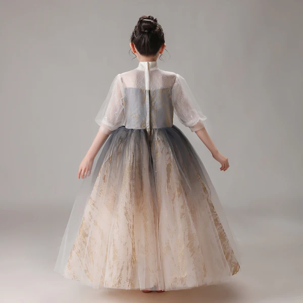 Vintage / Retro Champagne Gradient-Color Birthday Flower Girl Dresses 2020 Ball Gown High Neck Puffy 1/2 Sleeves Glitter Tulle Floor-Length / Long Ruffle