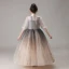 Vintage / Retro Champagne Gradient-Color Birthday Flower Girl Dresses 2020 Ball Gown High Neck Puffy 1/2 Sleeves Glitter Tulle Floor-Length / Long Ruffle